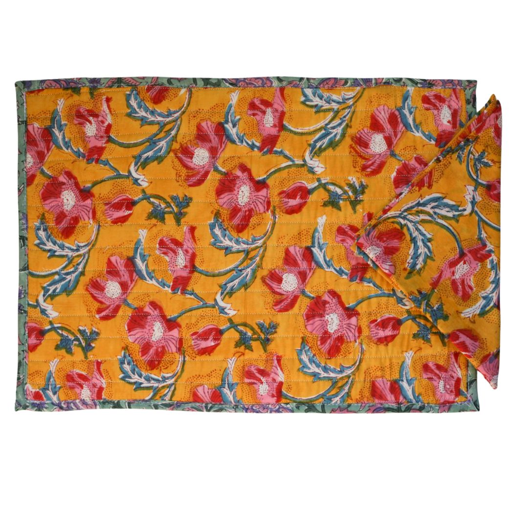 Breakfast set  - Mustard with red flowers (SET of 2)