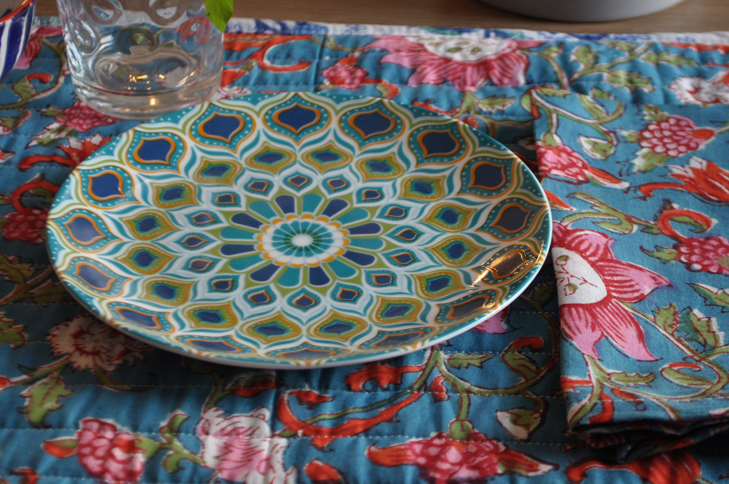 Breakfast set  -Azul with red flowers (SET of 2)