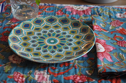 Breakfast set  -Azul with red flowers (SET of 2)