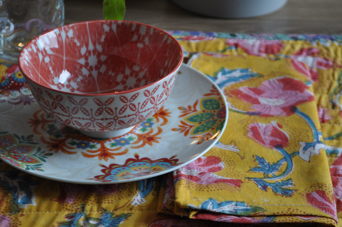 Breakfast set  - Mustard with red flowers (SET of 2)