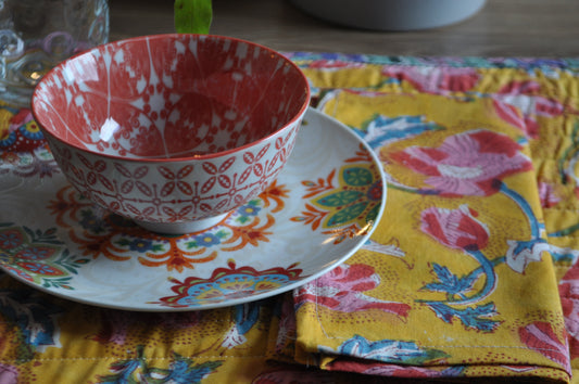Breakfast set  - Mustard with red flowers (SET of 2)