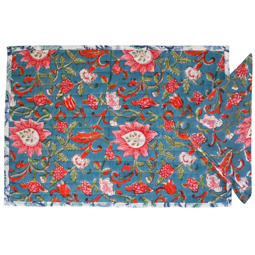 Breakfast set  -Azul with red flowers (SET of 2)